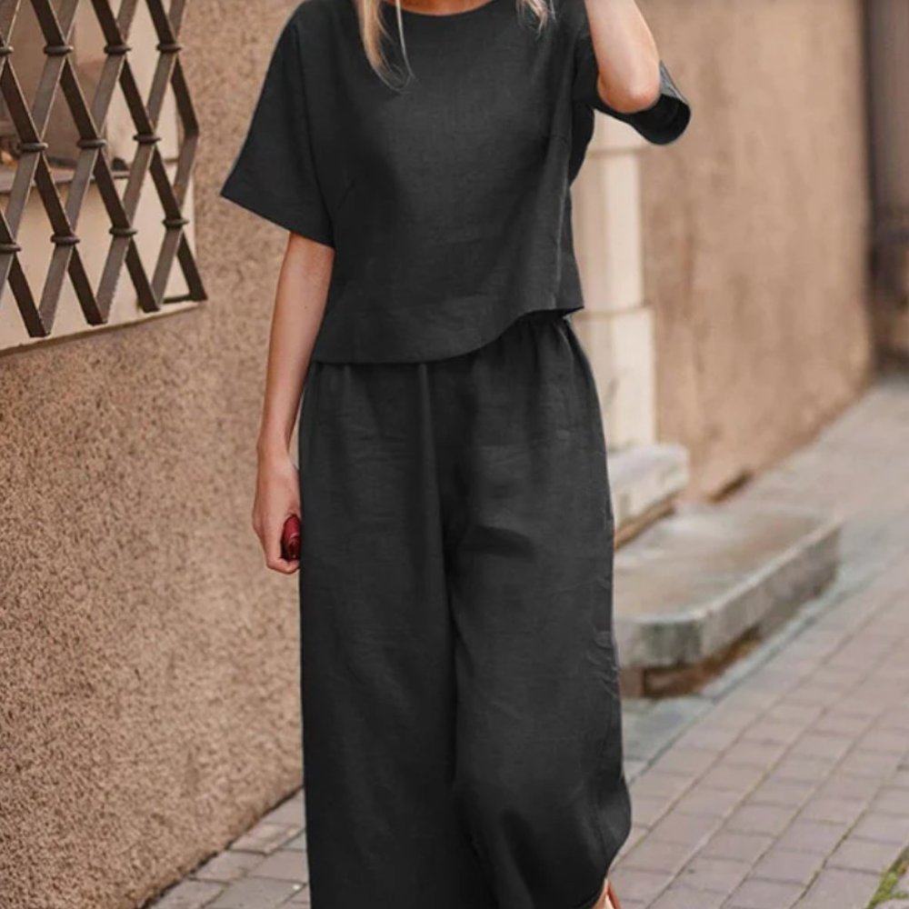 BRAND NEW. Black Short Sleeve Shirts & Wide Leg Pants Set